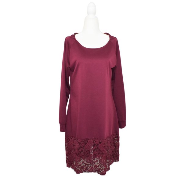 Womens Whimsigoth Hooded Lace Hem Long Sleeve Tunic Top Size M Burgundy Coquette - Picture 2 of 13